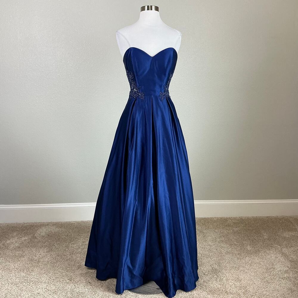 Blondie Nites Strapless Beaded Satin A-Line Evening Gown Royal Blue Size 7 Dress - Picture 2 of 11